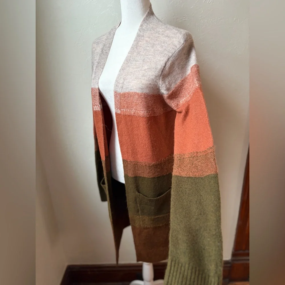 Hem & Thread Women’s Striped Open Cardigan Size M Cream, Green & Burnt Orange - Picture 5 of 7